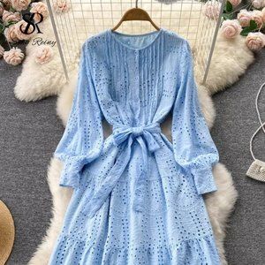Blue Lantern Sleeves Button Front Dress